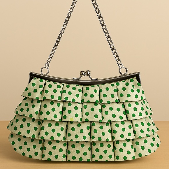Green Polka Dot Ruffled Clutch Purse with Chain Strap - Picture 1 of 10